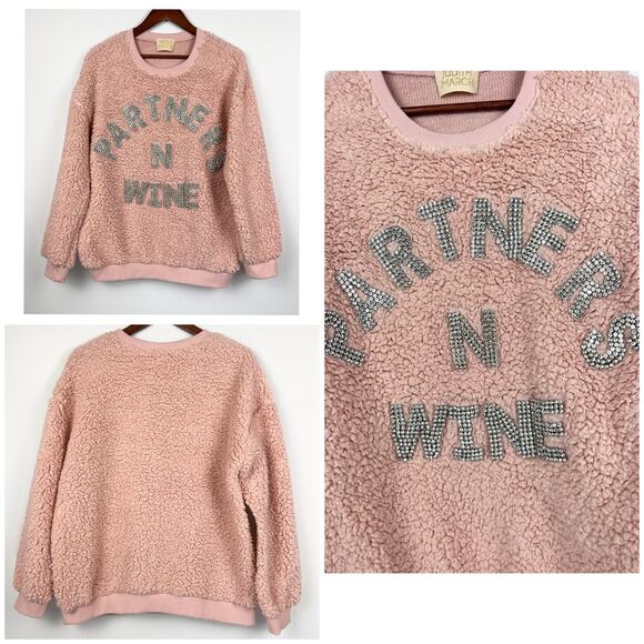 Judith March Pink Sherpa  S Sweatshirt Partners N Wine Rhinestone Lettering - Picture 5 of 9